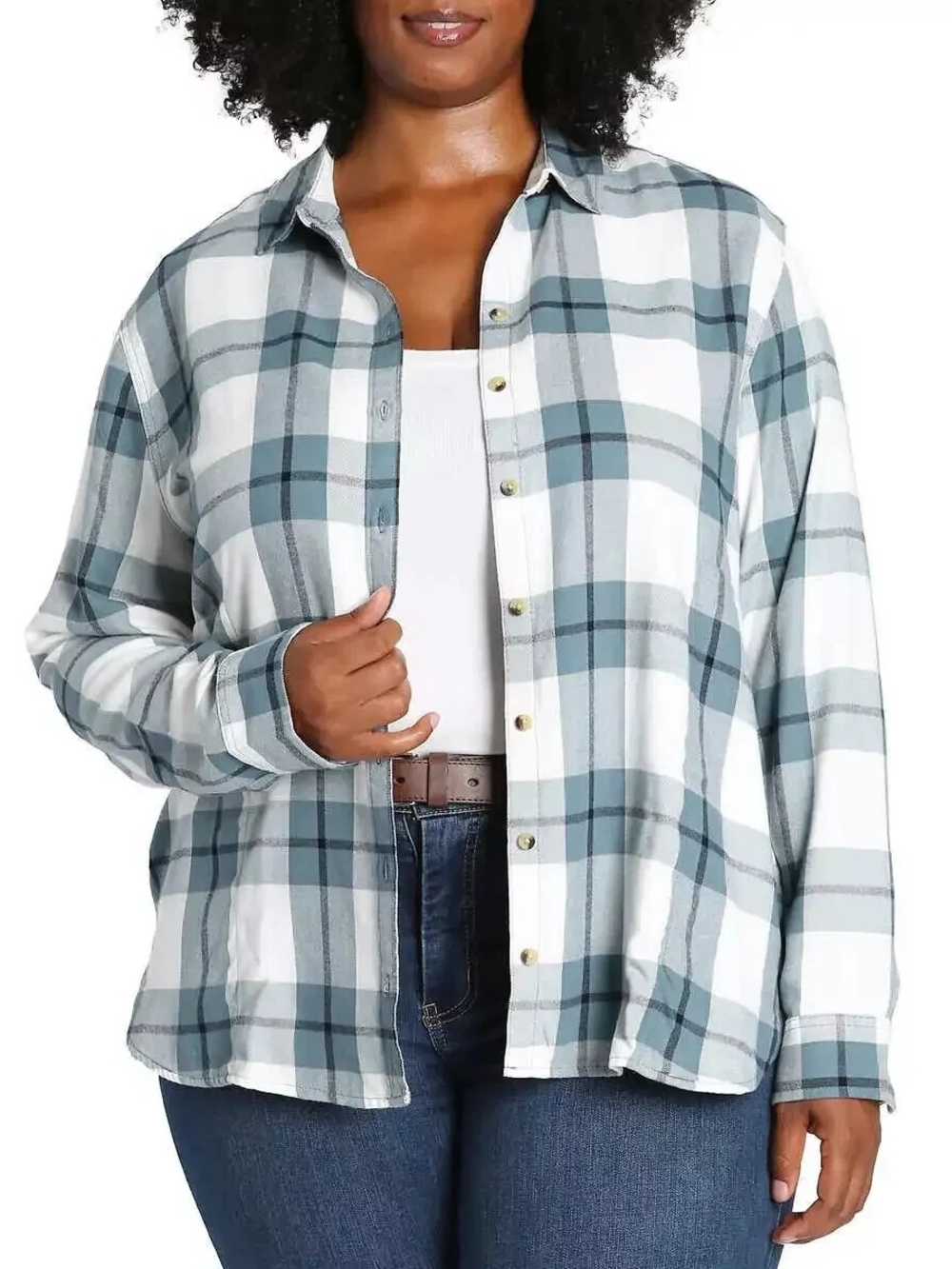 JACHS Girlfriend Blue and White Plaid Button-Down Shirt